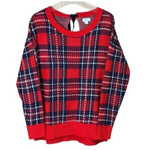 Crown & Ivy Red Plaid Party Knit Sweater Back Bow Tie Detail Size L